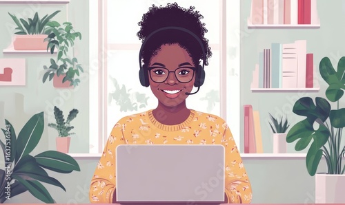 Happy Black woman working remotely on a virtual video team meeting call, wearing a headset. Remote work and flexible culture concept. Freelancing on a laptop at home, copy space, Generative AI