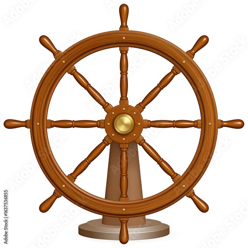 Polished wooden ship's wheel with eight spokes and a brass hub