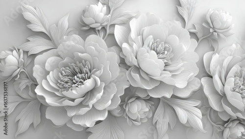Fototapeta Naklejka Na Ścianę i Meble -  3D floral design, white peonies & leaves