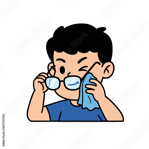 Cute cartoon boy with black hair winking while cleaning his eyeglasses with a blue microfiber cloth.