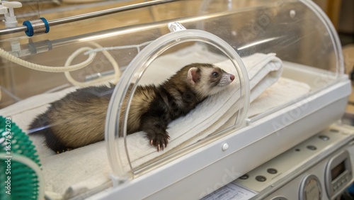 Ferret in Veterinary Incubator for Medical Care and Recovery Process