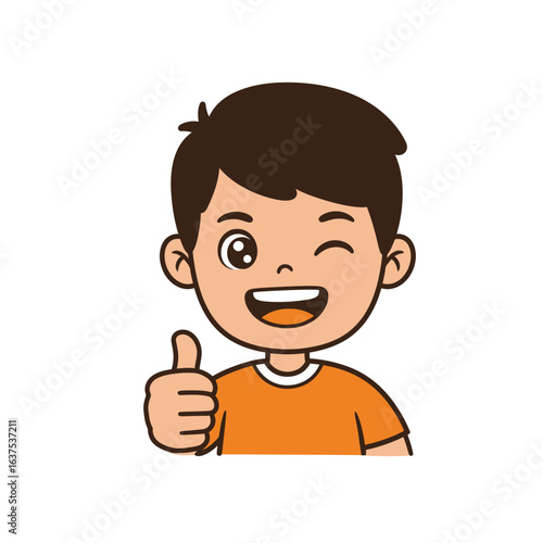Cute cartoon boy with brown hair winking and smiling while giving a thumbsup gesture.