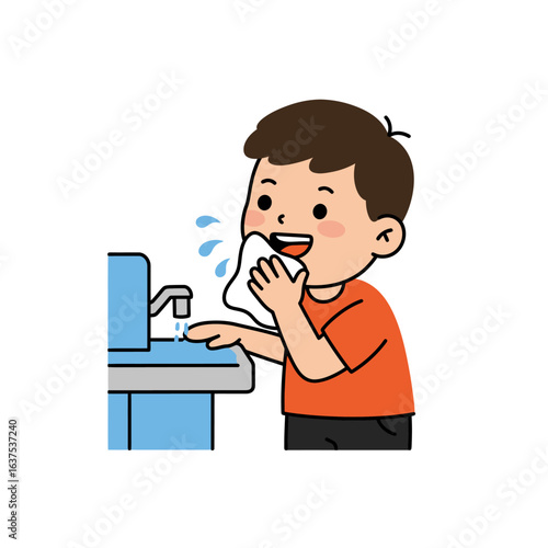 Cute cartoon boy with brown hair wiping his mouth with a cloth after drinking water from a faucet.