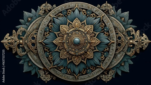 An intricate and elaborately crafted decorative metallic mandala with a radial floral design and nested layers of ornamental elements