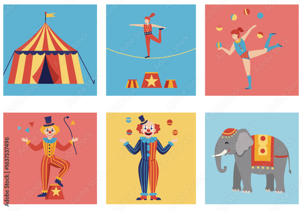 Fototapeta premium A colorful set of six circus-themed illustrations featuring performers and animals.