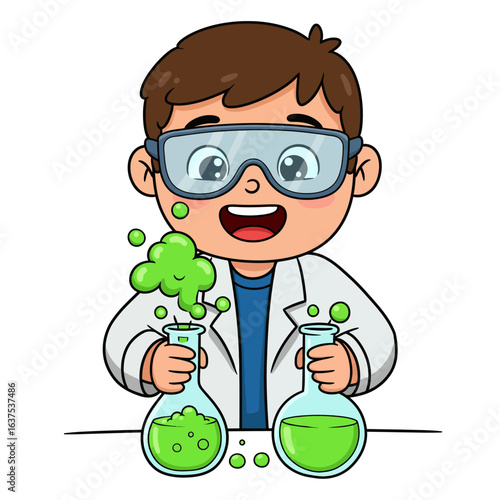 Excited cartoon boy scientist in a lab coat and goggles holding flasks with a bubbling green chemical reaction.