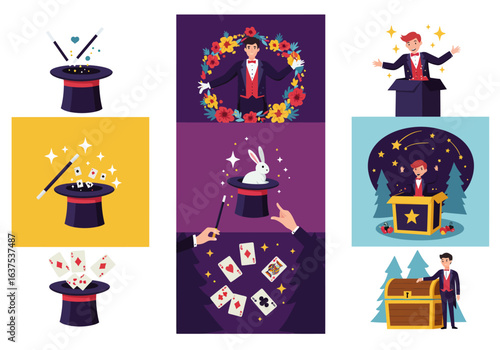 Colorful Illustrations of Magicians Performing Magic Tricks.