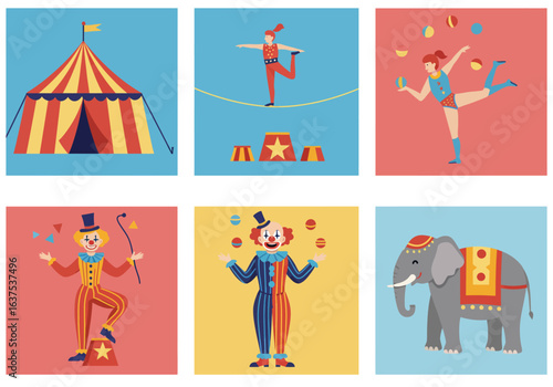 A colorful set of six circus-themed illustrations featuring performers and animals.