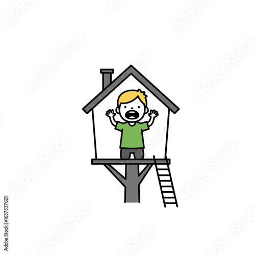 Frightened cartoon boy with blonde hair screaming in a simple grey treehouse.