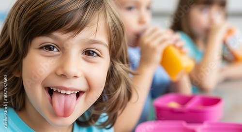 Enthusiastic little girl sticking out her tongue at lunchtime with friends at school cafeteria enjoying healthy snacks and drinks