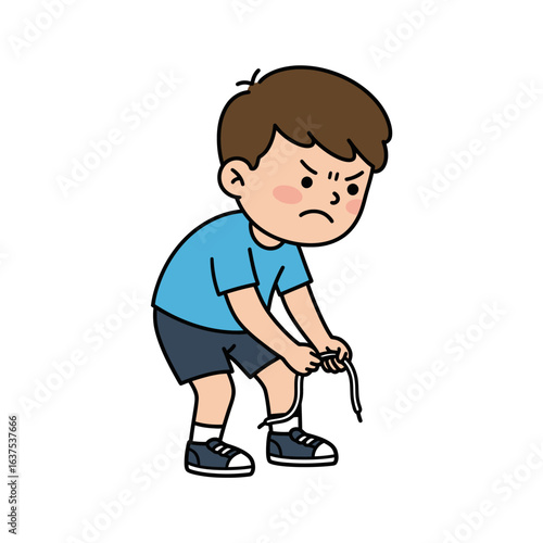 Frustrated cartoon boy with an angry expression struggling to tie his shoelaces.