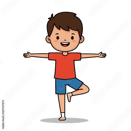 Happy Boy Balancing on One Leg in Tree Pose Wearing Red Shirt and Blue Shorts.