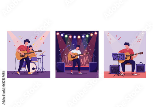 Set of three flat vector illustrations depicting musicians playing acoustic guitar and drums during a performance.