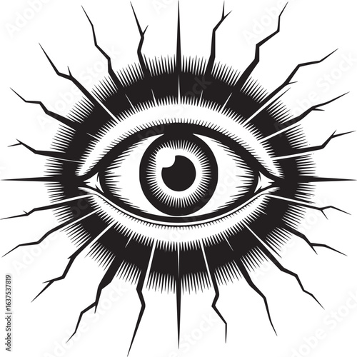 A graphic illustration of an eye with radiating lines and jagged edges in black and white style