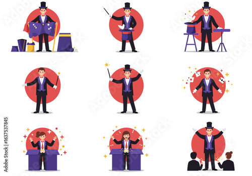 Magician Performing Various Illusions with Top Hat and Wand.