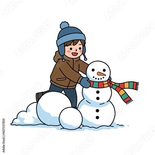 Happy cartoon boy in a blue hat and brown jacket building a snowman with a colorful striped scarf.