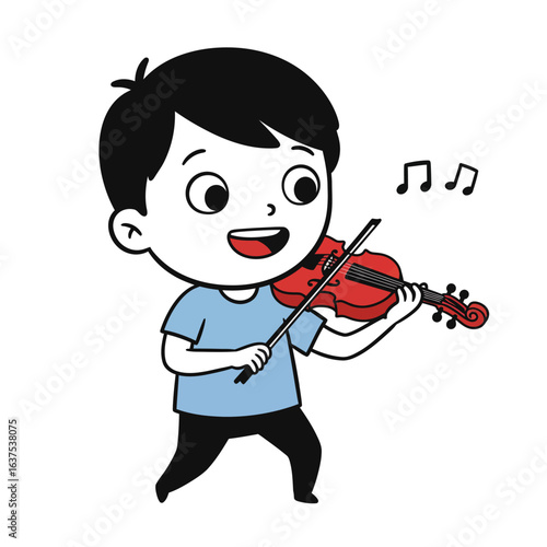 Happy cartoon boy with black hair and a blue shirt joyfully playing a red violin with musical notes.