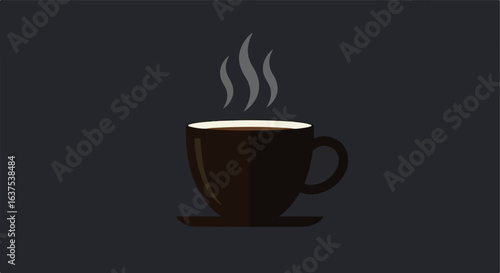 Steaming hot drink in a dark colored mug on a saucer, against grey background