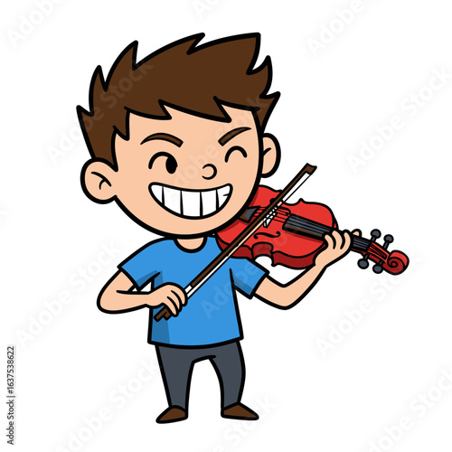 Happy cartoon boy with spiky brown hair winking while playing a red violin.