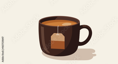 A dark brown mug with hot tea and a dangling tag on a simple light background