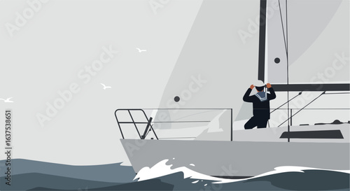 Illustration of a sailor on a sailboat with waves and sky as the background