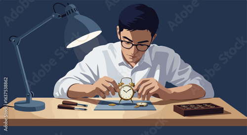 Animated man with glasses fixing a gold vintage alarm clock on a desk under a lamp