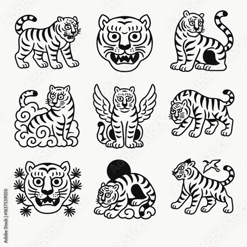 Traditional Korean Minhwa Tiger Icons – Modern Black Line Art Set