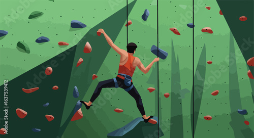 Man climbing textured green climbing wall with blue & red holds. Harness & athletic wear