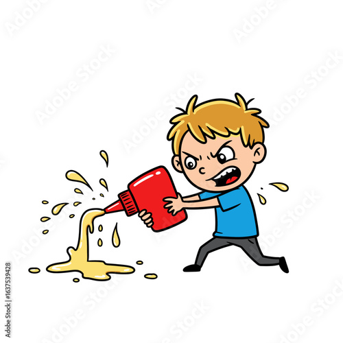 Mischievous cartoon boy with spiky blonde hair squeezing a red bottle splattering yellow sauce.