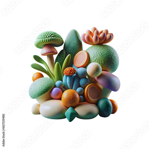 Vibrant 3D Abstract Botanical Art with Colorful Mushrooms and Plants on Black Background