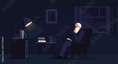 Pensive man sits in chair, reading in dimly lit room with lamp and window at night