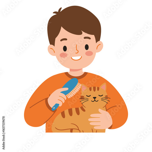Smiling boy in an orange sweater gently grooming a content ginger tabby cat with a blue brush.