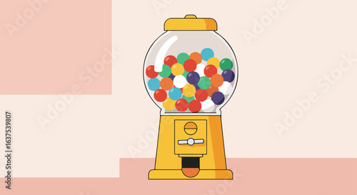 Gum ball machine filled with colorful round candies, on a simple background