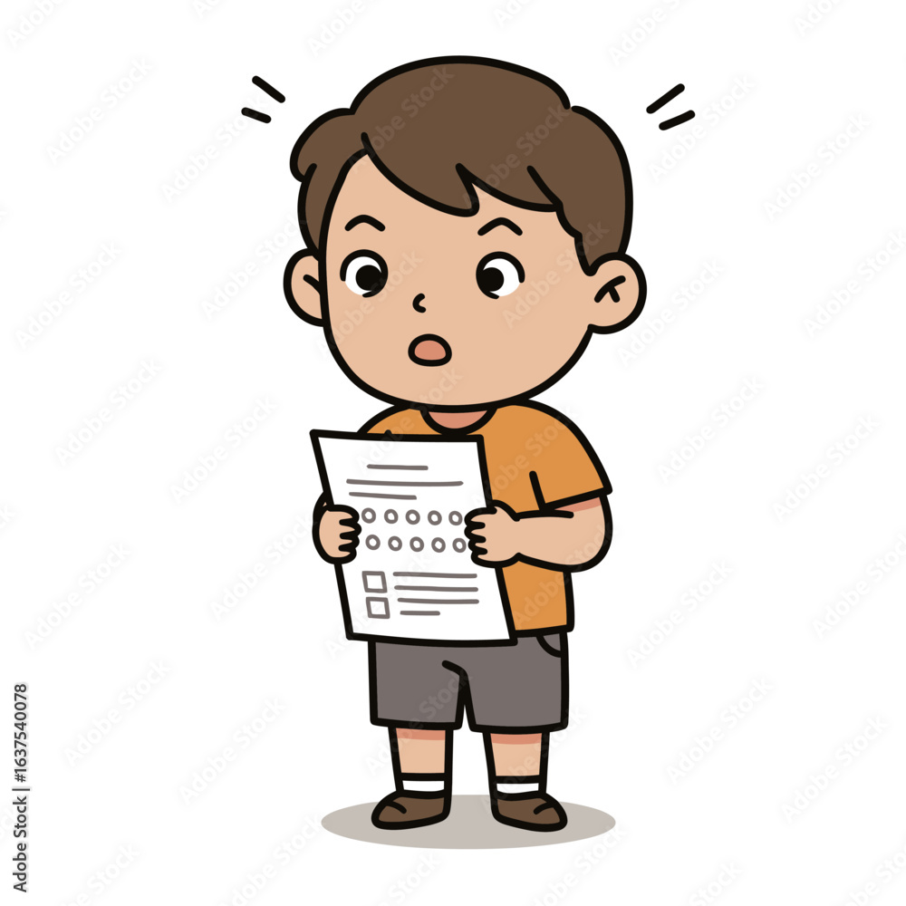 Surprised cartoon boy with brown hair holding a test paper showing a shocked expression. Surprised cartoon boy with brown hair holding a test paper showing a shocked expression.