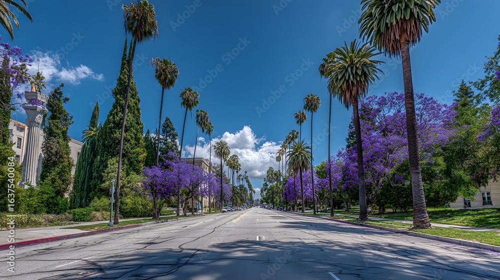 Obraz premium A sunny avenue lined with vibrant purple jacaranda trees and palm trees.