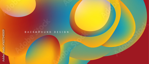 Abstract fluid shapes overlap, creating vibrant color gradients. Red background complements orange, yellow, blue hues. Modern design element.