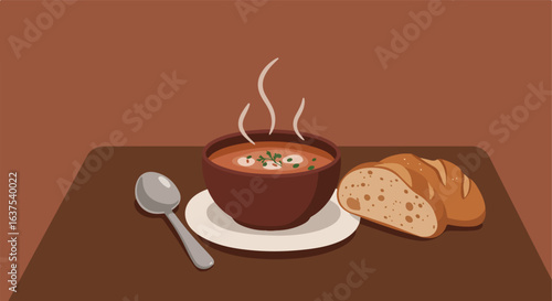 Warm soup with bread slice. Bowl on the table. Spoon placed to its side, warm steam rises