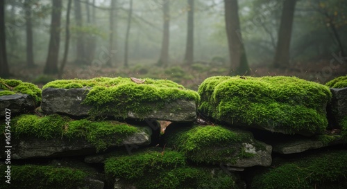 Lush Green Moss on Ancient Stone Wall in Misty Forest