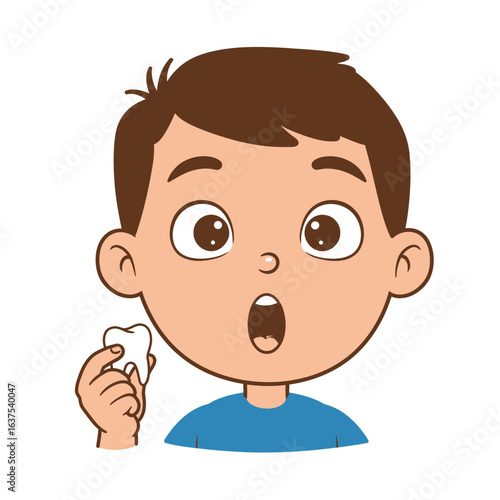Surprised cartoon boy with brown hair and wide eyes holding his lost milk tooth.