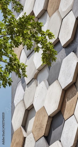 Hexagonal concrete facade with varied tones, leaves in foreground