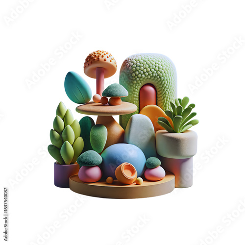 Colorful 3D Abstract Plants and Mushrooms in Modern Artistic Botanical Arrangement on Black Background