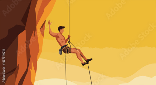 Man rappelling down a brown cliff face under a yellow sky, waving his hand casually