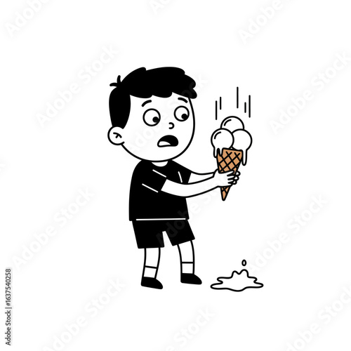 Upset cartoon boy with a shocked expression watching his melting ice cream fall.