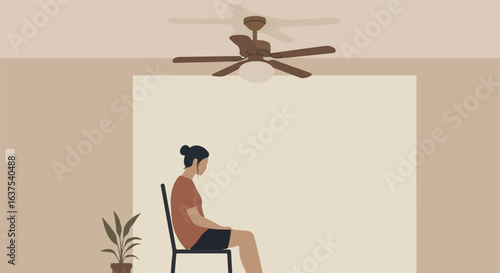 Woman sitting, fan and plant fill room. Cream and brown palette, simple design