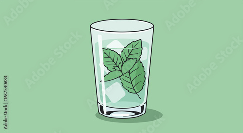 Refreshing clear glass with ice cubes and vibrant green sprigs of mint, on mint background