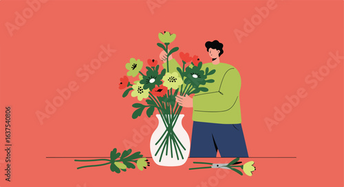 Person arranging colorful flowers in a white vase with cutters on coral background