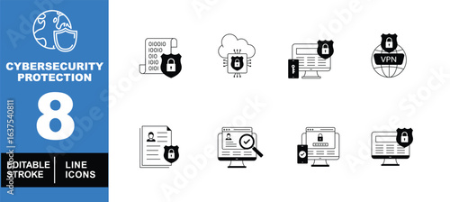 Cybersecurity Protection set of web icons in line style. A collection of linear icons representing key Cybersecurity Protection concepts, including global protection, VPN, and more. Editable stroke