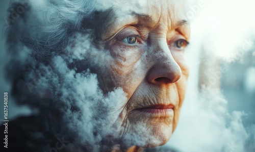 Abstract double exposure effect portrait of a depressed and lonely elderly senior woman suffering from dementia or Alzheimers disease, Generative AI