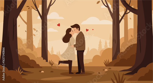 Couple kissing, embraced in autumn forest, falling leaves. Happy hearts floating around