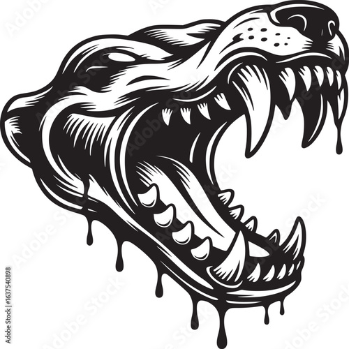 Monochrome graphic illustration of a snarling canine head with sharp teeth and dripping saliva